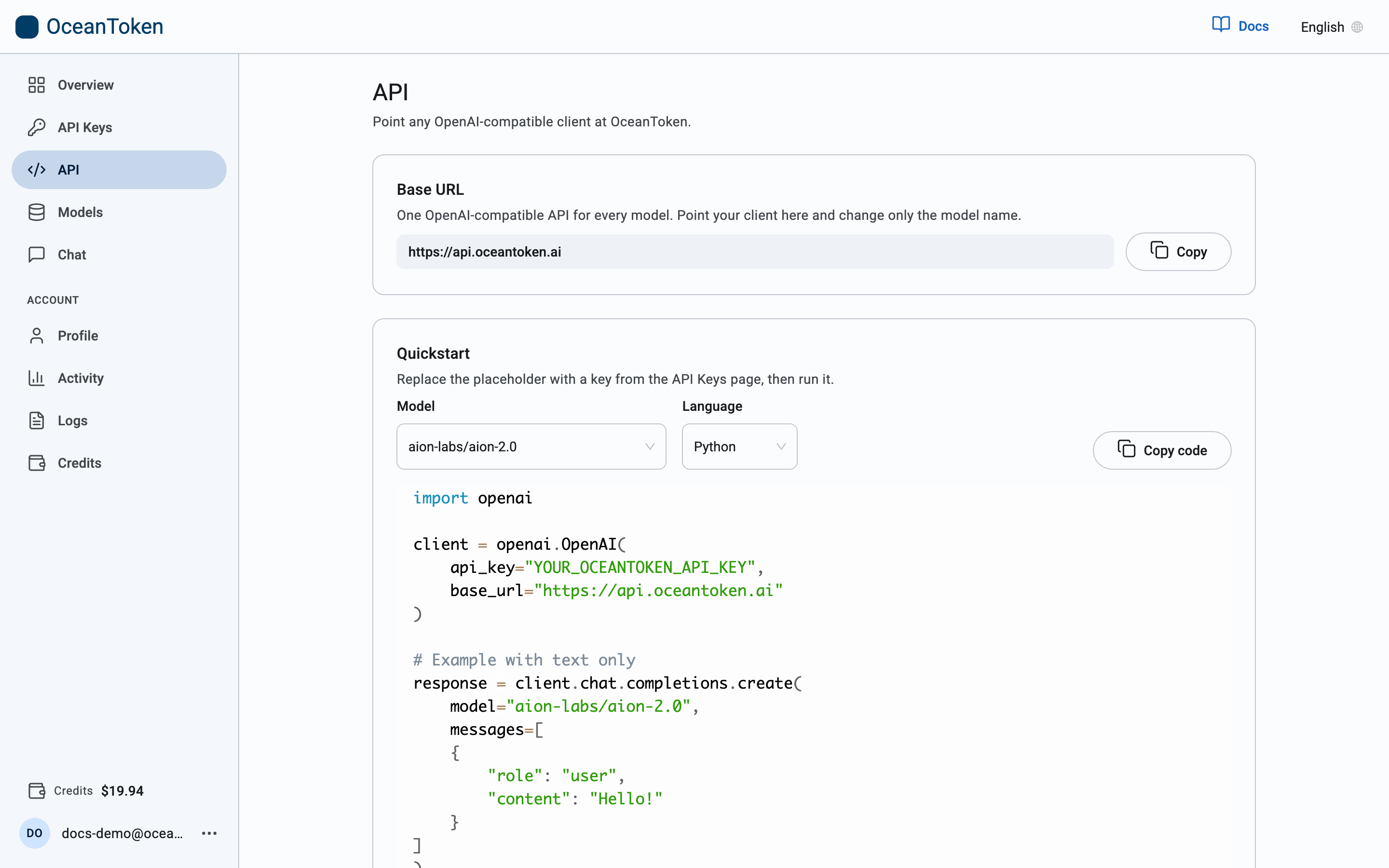 The API page: base URL, quickstart and endpoints