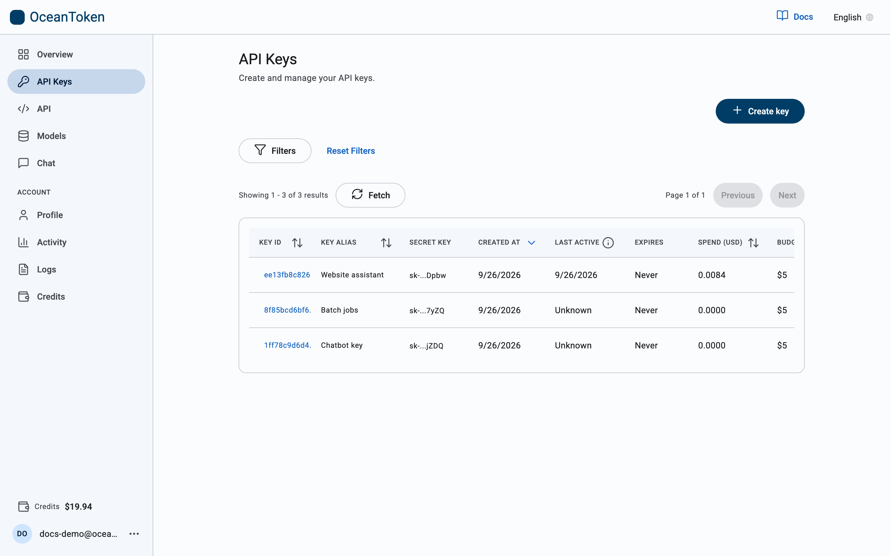 The API Keys list