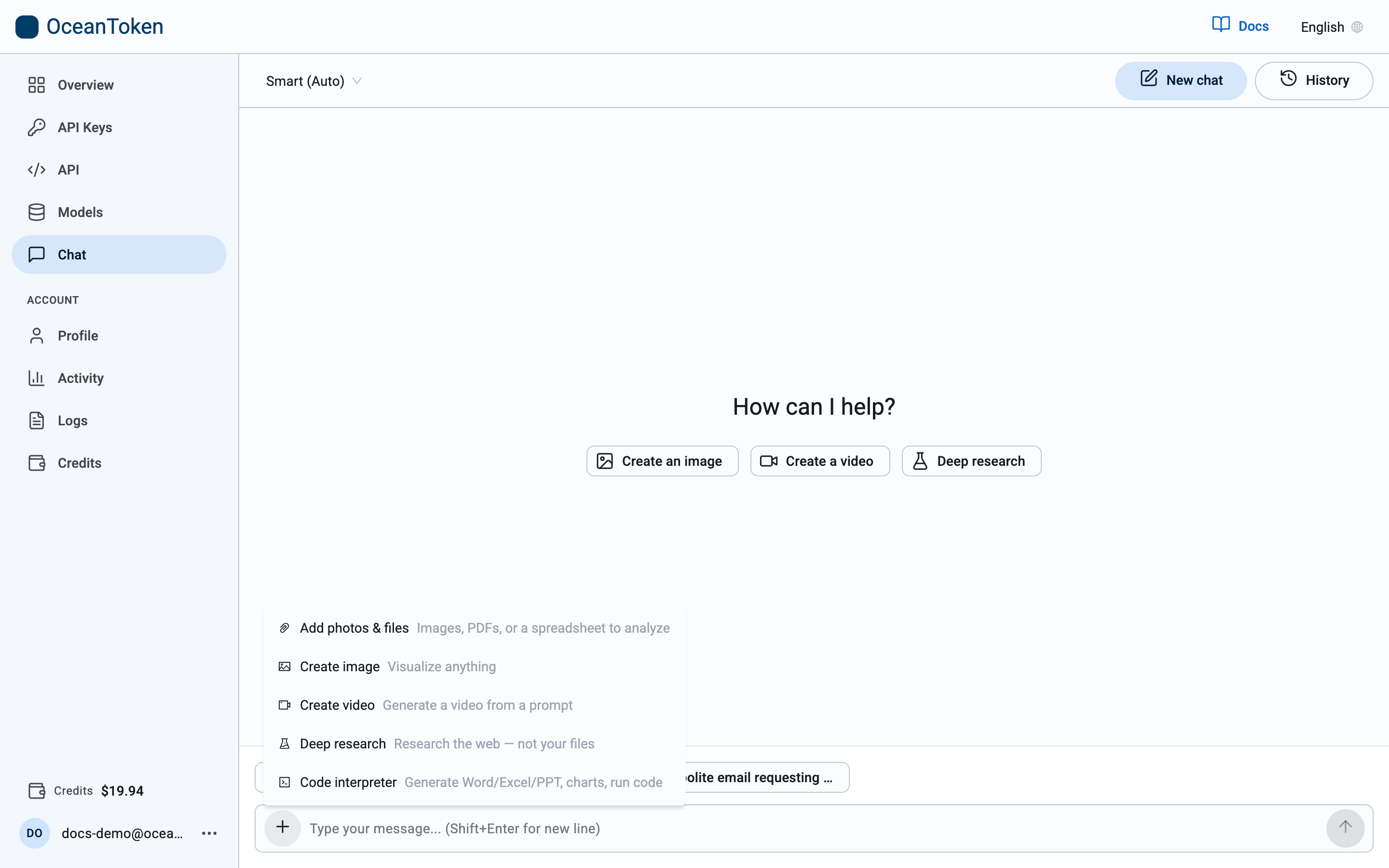The + menu: files, image, video, deep research, code interpreter