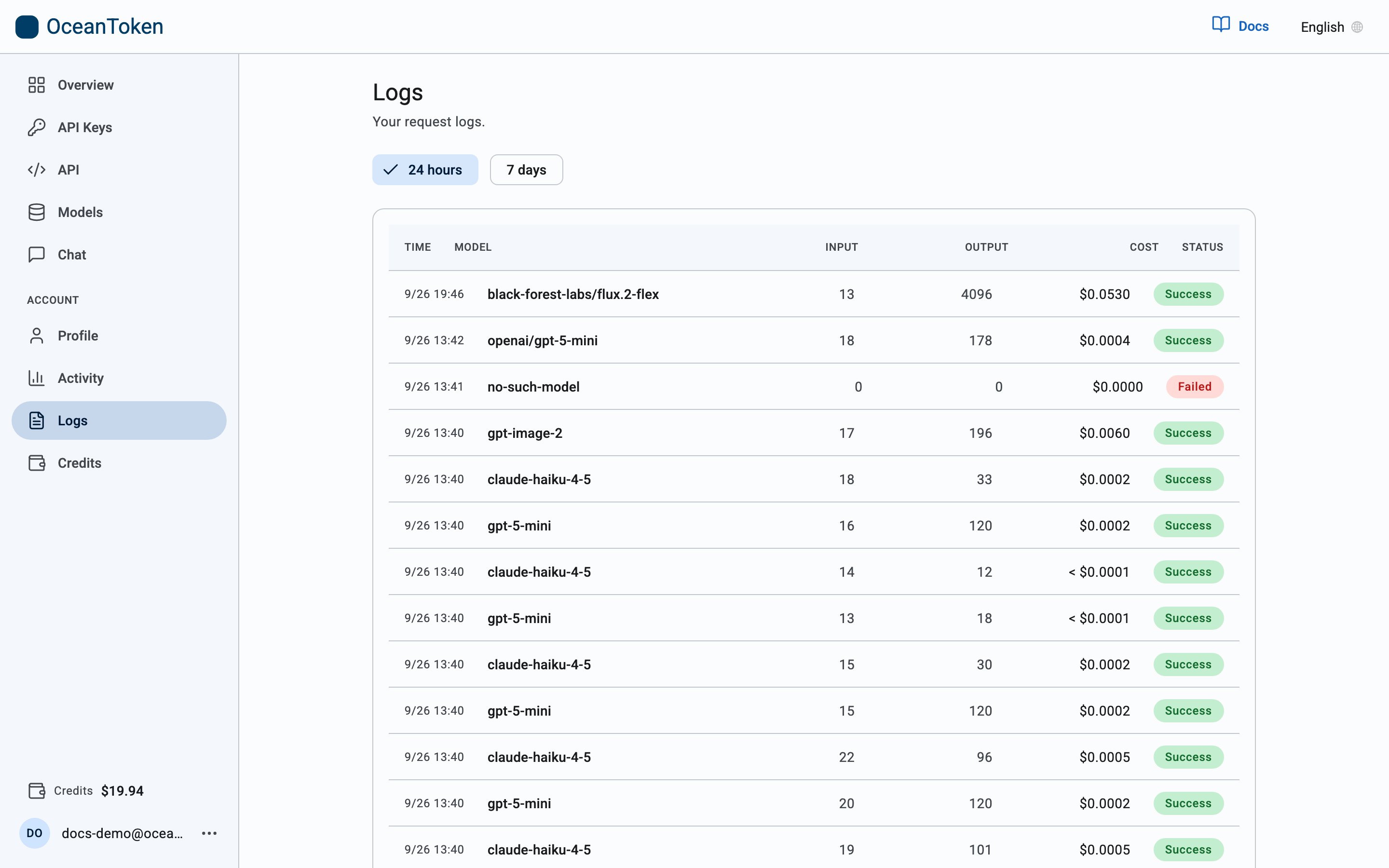 The Logs list with successful and failed requests