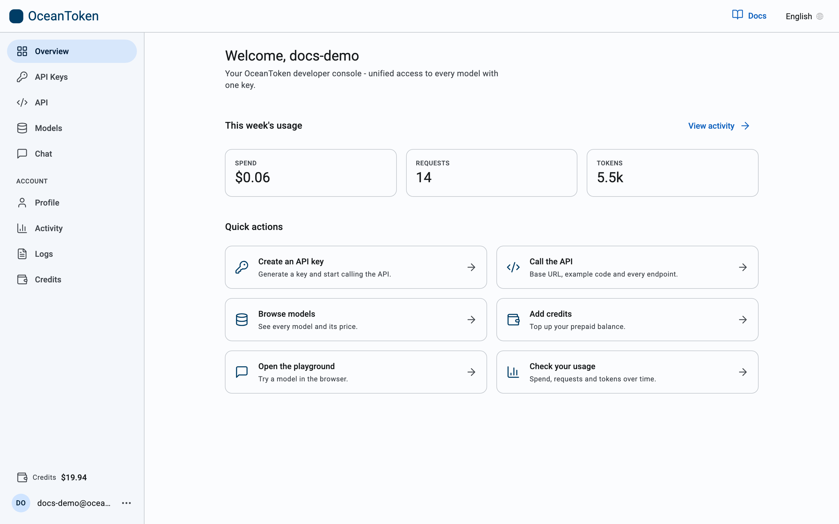 The console Overview page: this week's usage and quick actions