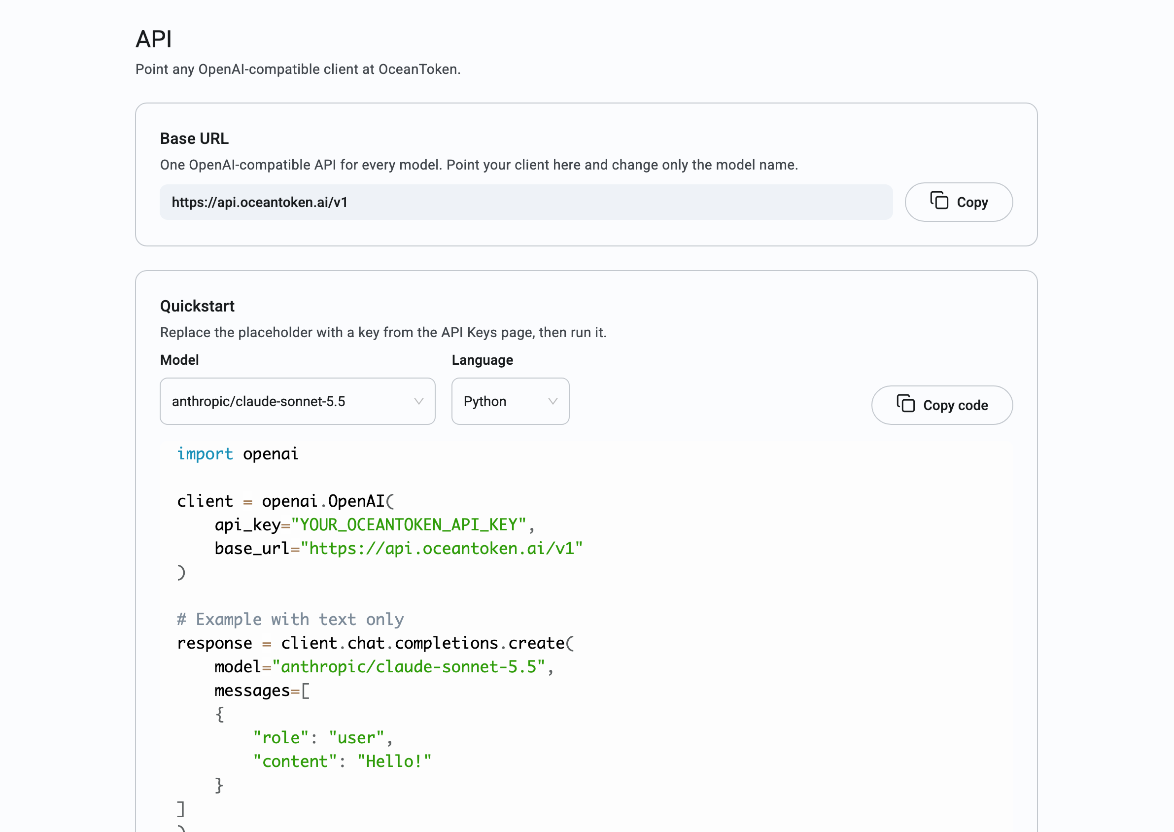 The API page: base URL and quickstart