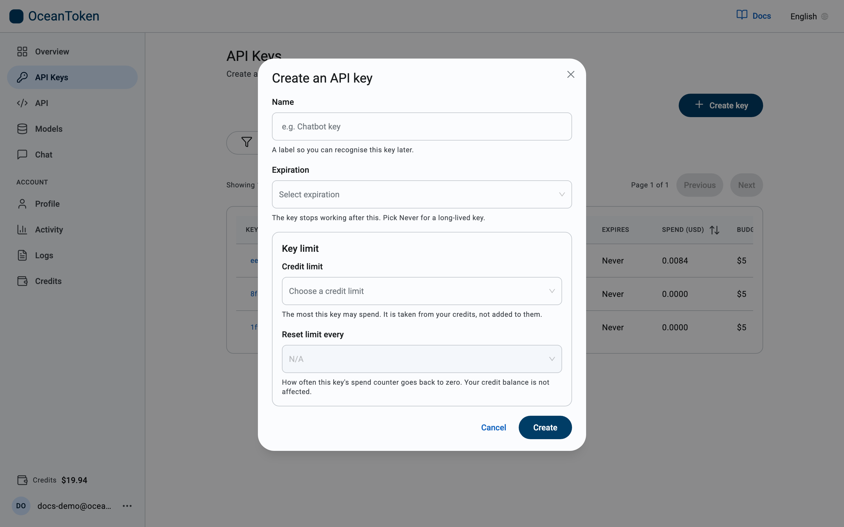 The Create an API key dialog