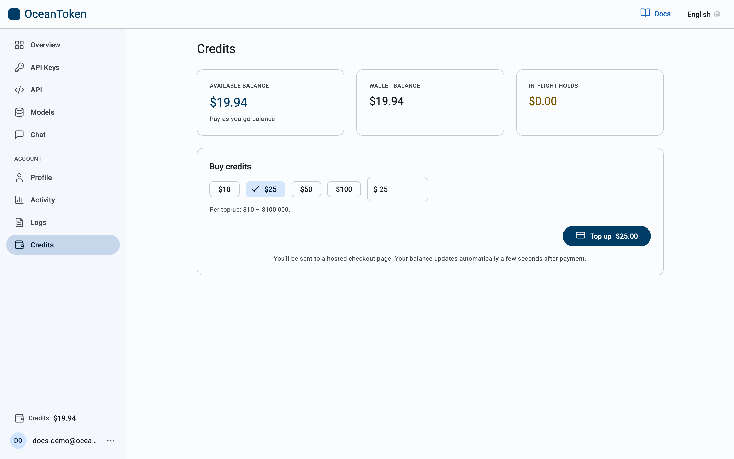 The Credits page: balances and Add credits