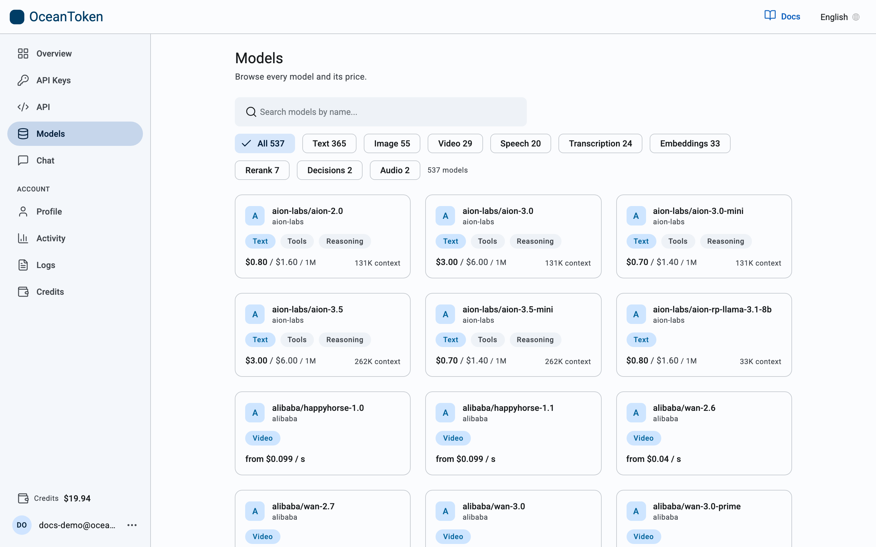 The Models page with type filters and model cards